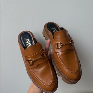 Zara Women Tan Leather Slip-On Loafers